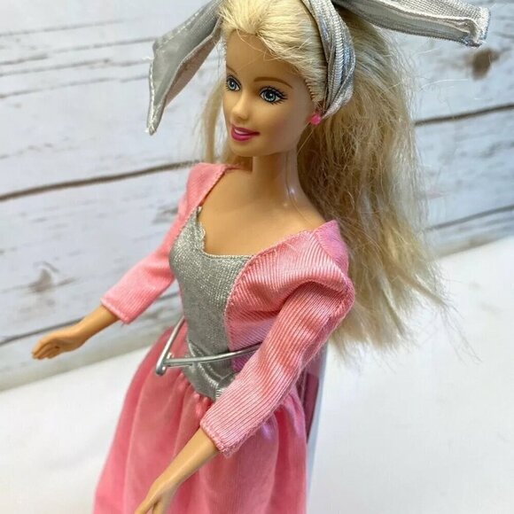 MATTEL BARBIE Blonde Hair Blue Eyes Pink Gray Long Dress 12" Tall - Picture 4 of 12